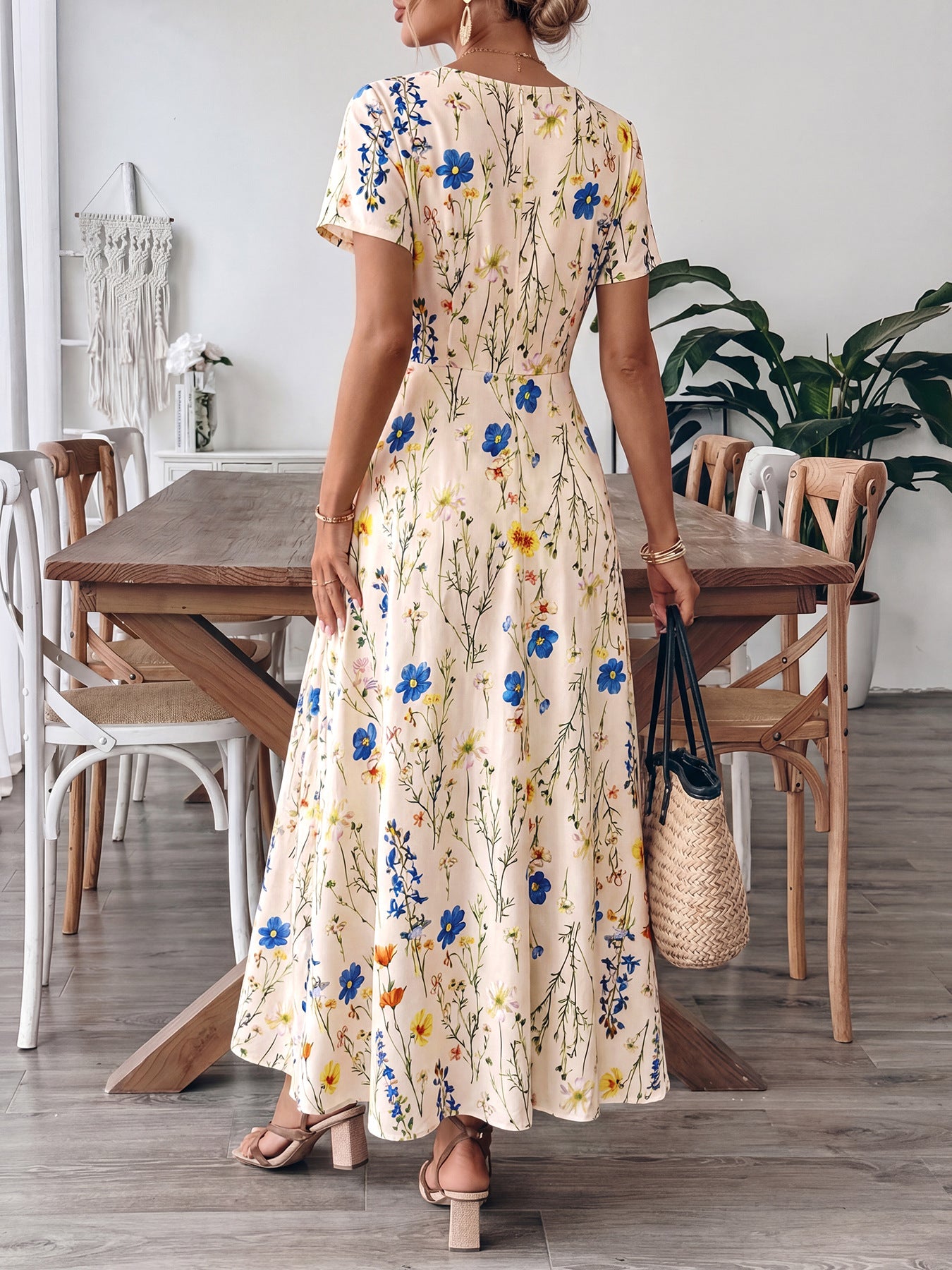 Casual Maxi Dress Floral Colorful Flower Print Square Neck Ruffle Short Sleeve