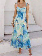 Midi Dress Blue Floral Sweetheart Neck Strappy Sleeveless Casual Ruffle Smocked