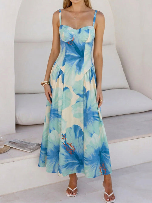 Midi Dress Blue Floral Sweetheart Neck Strappy Sleeveless Casual Ruffle Smocked