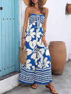 Floral Strapless Jumpsuit Wide Leg Bow Tie Bust Backless Smocked Overall