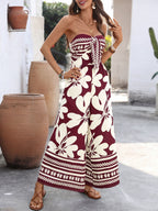 Floral Strapless Jumpsuit Wide Leg Bow Tie Bust Backless Smocked Overall