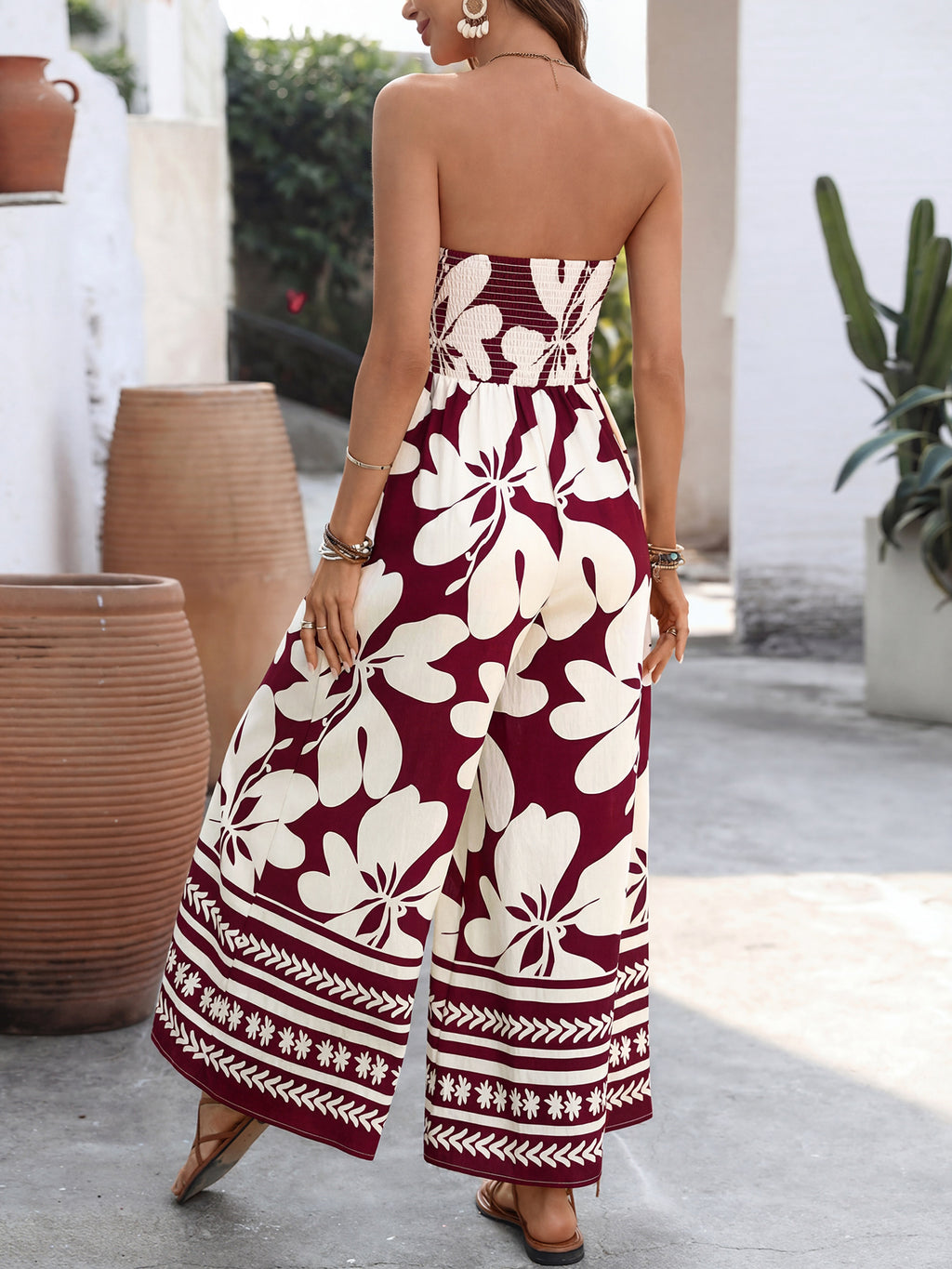 Floral Strapless Jumpsuit Wide Leg Bow Tie Bust Backless Smocked Overall