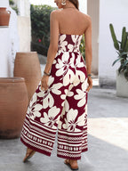 Floral Strapless Jumpsuit Wide Leg Bow Tie Bust Backless Smocked Overall