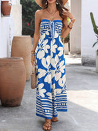 Floral Strapless Jumpsuit Wide Leg Bow Tie Bust Backless Smocked Overall