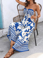 Floral Strapless Jumpsuit Wide Leg Bow Tie Bust Backless Smocked Overall