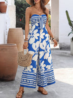 Floral Strapless Jumpsuit Wide Leg Bow Tie Bust Backless Smocked Overall