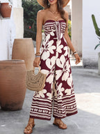 Floral Strapless Jumpsuit Wide Leg Bow Tie Bust Backless Smocked Overall
