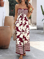 Floral Strapless Jumpsuit Wide Leg Bow Tie Bust Backless Smocked Overall