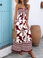 Floral Strapless Jumpsuit Wide Leg Bow Tie Bust Backless Smocked Overall