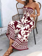 Floral Strapless Jumpsuit Wide Leg Bow Tie Bust Backless Smocked Overall