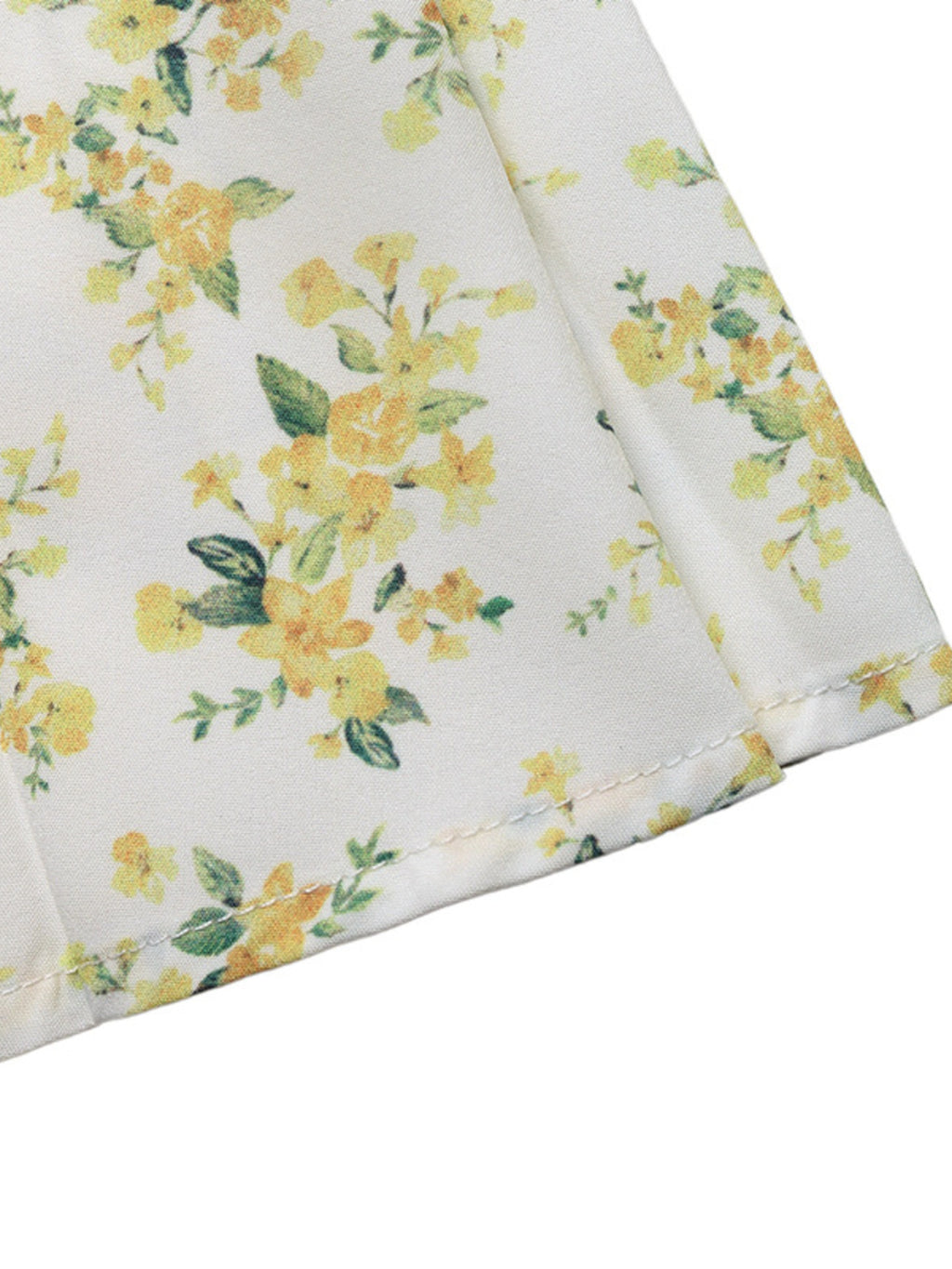 Mini Dress Floral Yellow Print V-Neck Corset Waist Pleated Ruffle Short Sleeve