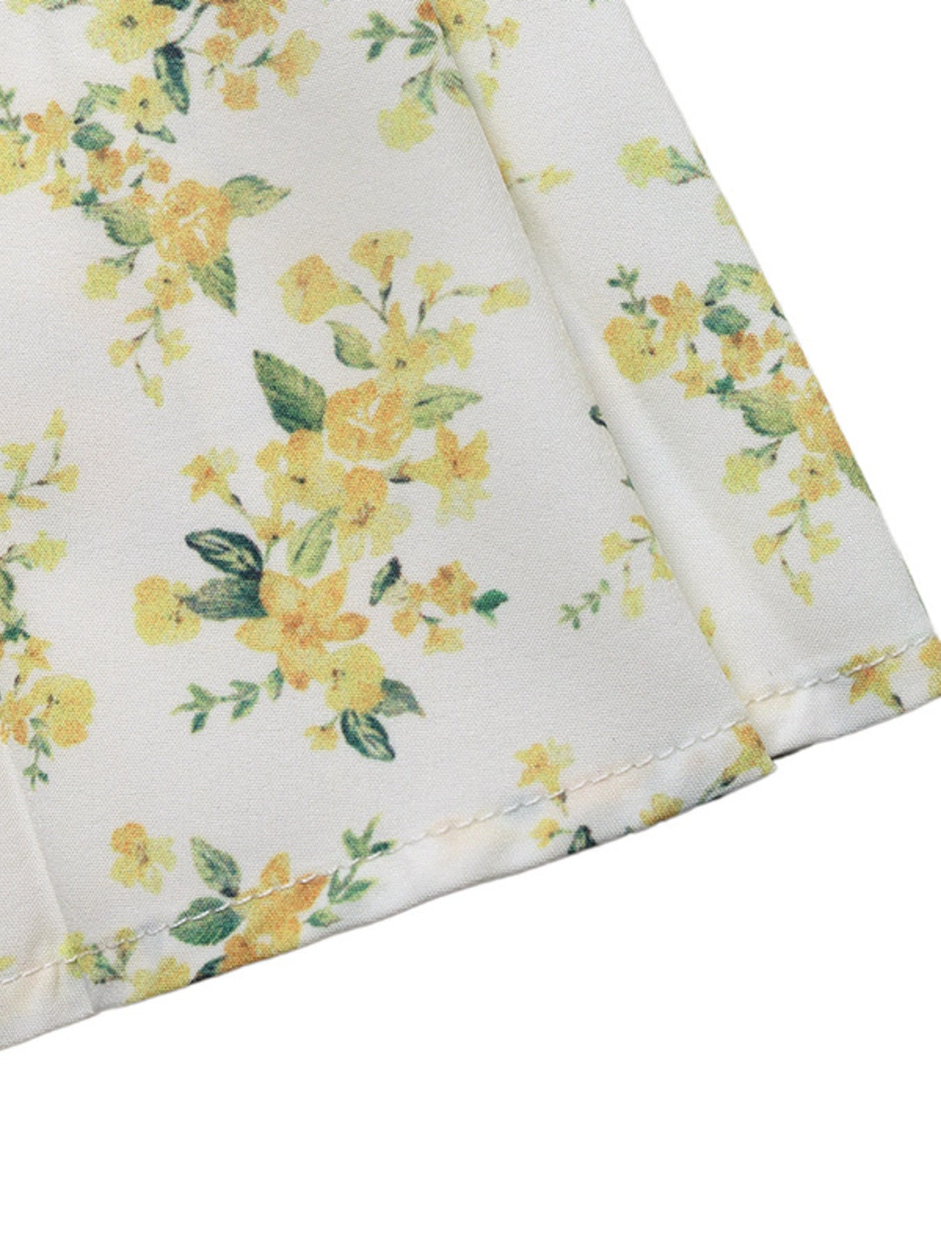 Mini Dress Floral Yellow Print V-Neck Corset Waist Pleated Ruffle Short Sleeve