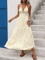 Cami Maxi Dress V-Neck Summer Shell Tasseled Ruffle Layered High Wasited