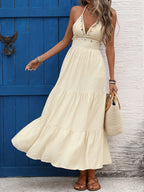 Cami Maxi Dress V-Neck Summer Shell Tasseled Ruffle Layered High Wasited