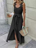 Maxi Dress Black V-Neck Floral Lace Strap Sleeveless Side Slit Tie Belted Fashion