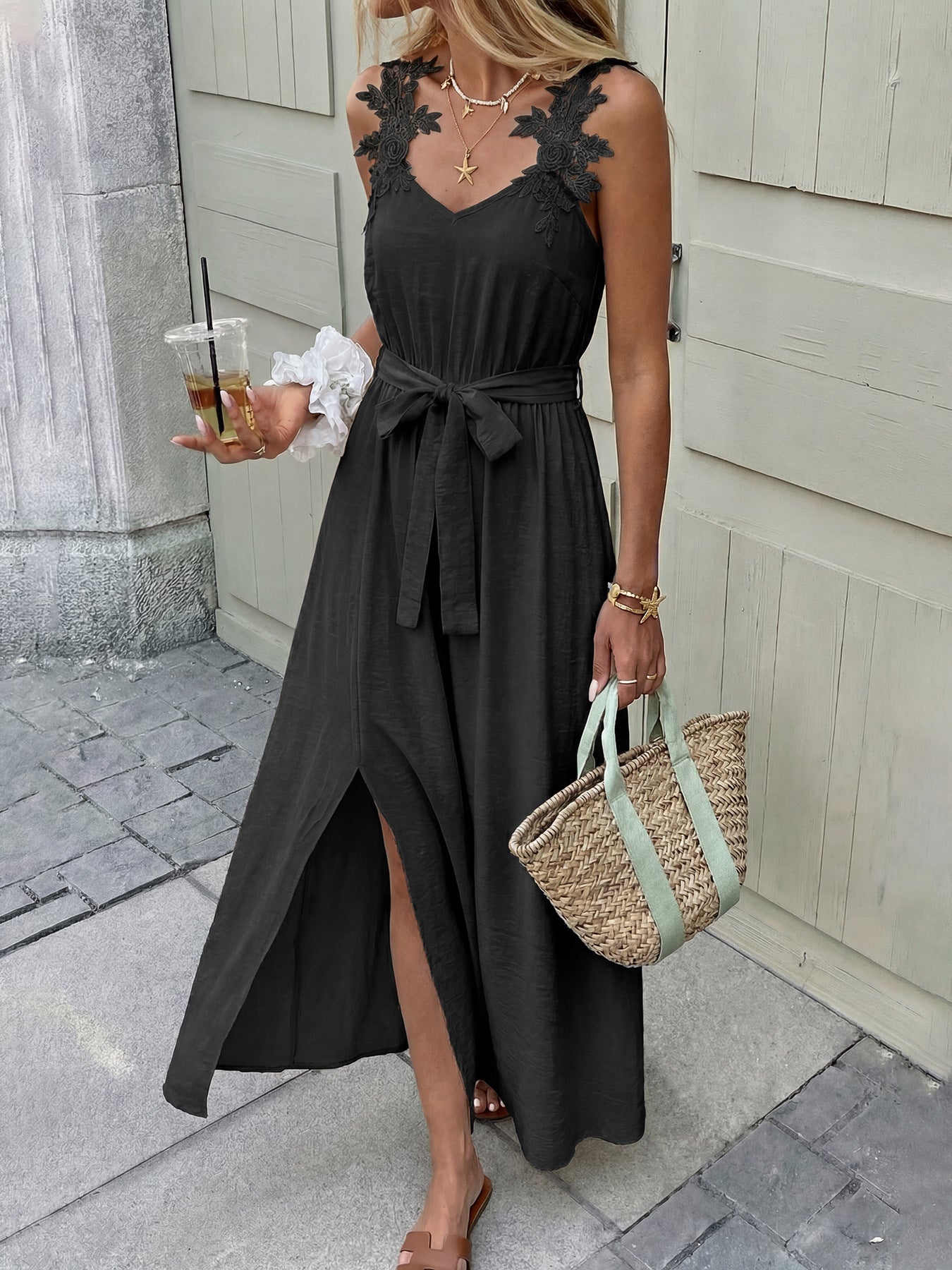 Maxi Dress Black V-Neck Floral Lace Strap Sleeveless Side Slit Tie Belted Fashion