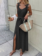 Maxi Dress Black V-Neck Floral Lace Strap Sleeveless Side Slit Tie Belted Fashion