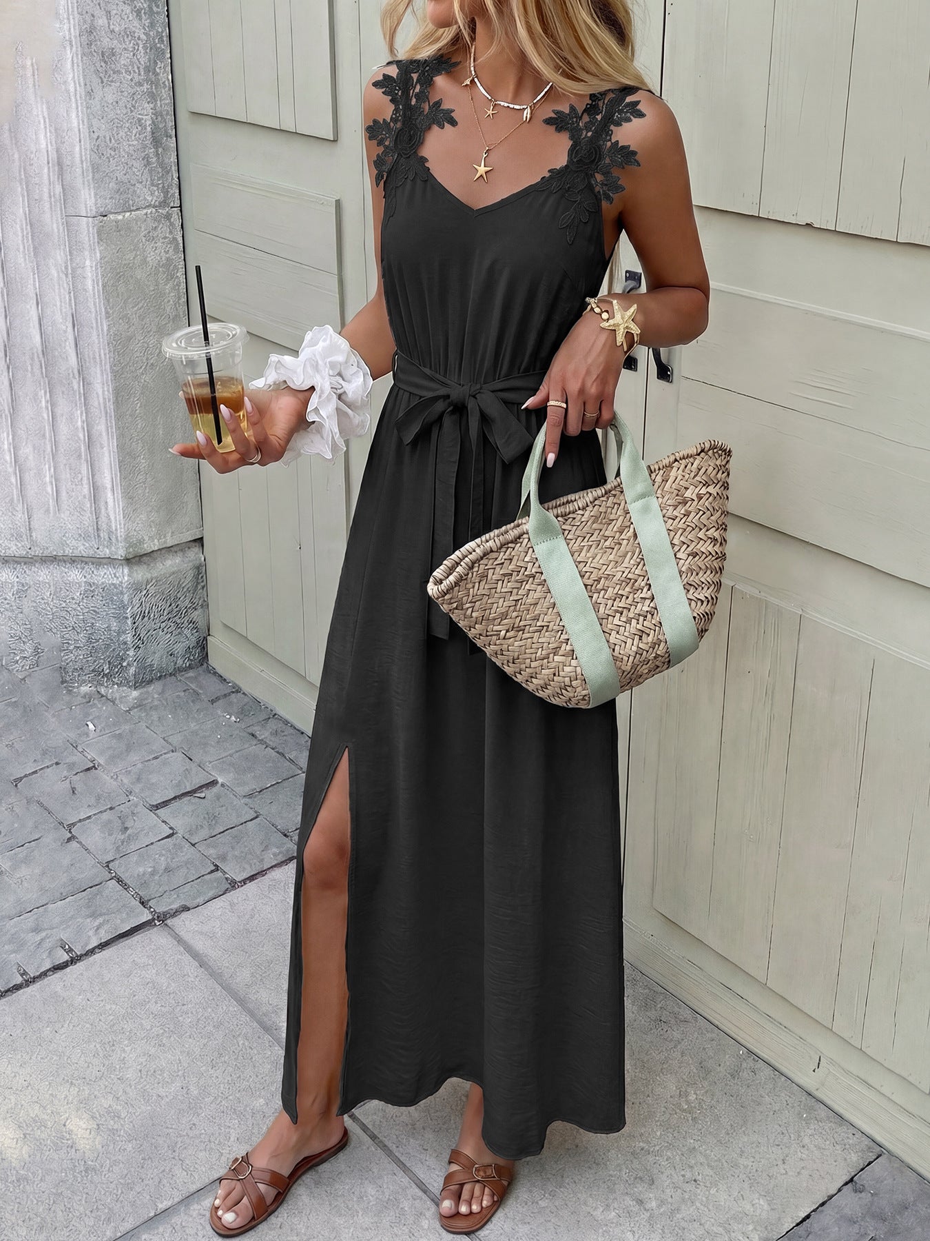 Maxi Dress Black V-Neck Floral Lace Strap Sleeveless Side Slit Tie Belted Fashion
