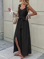 Maxi Dress Black V-Neck Floral Lace Strap Sleeveless Side Slit Tie Belted Fashion
