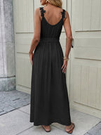 Maxi Dress Black V-Neck Floral Lace Strap Sleeveless Side Slit Tie Belted Fashion