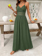 Casual Maxi Dress Floral Lace Trim Spaghetti Strap Smocked Waist Ruffle A-Line