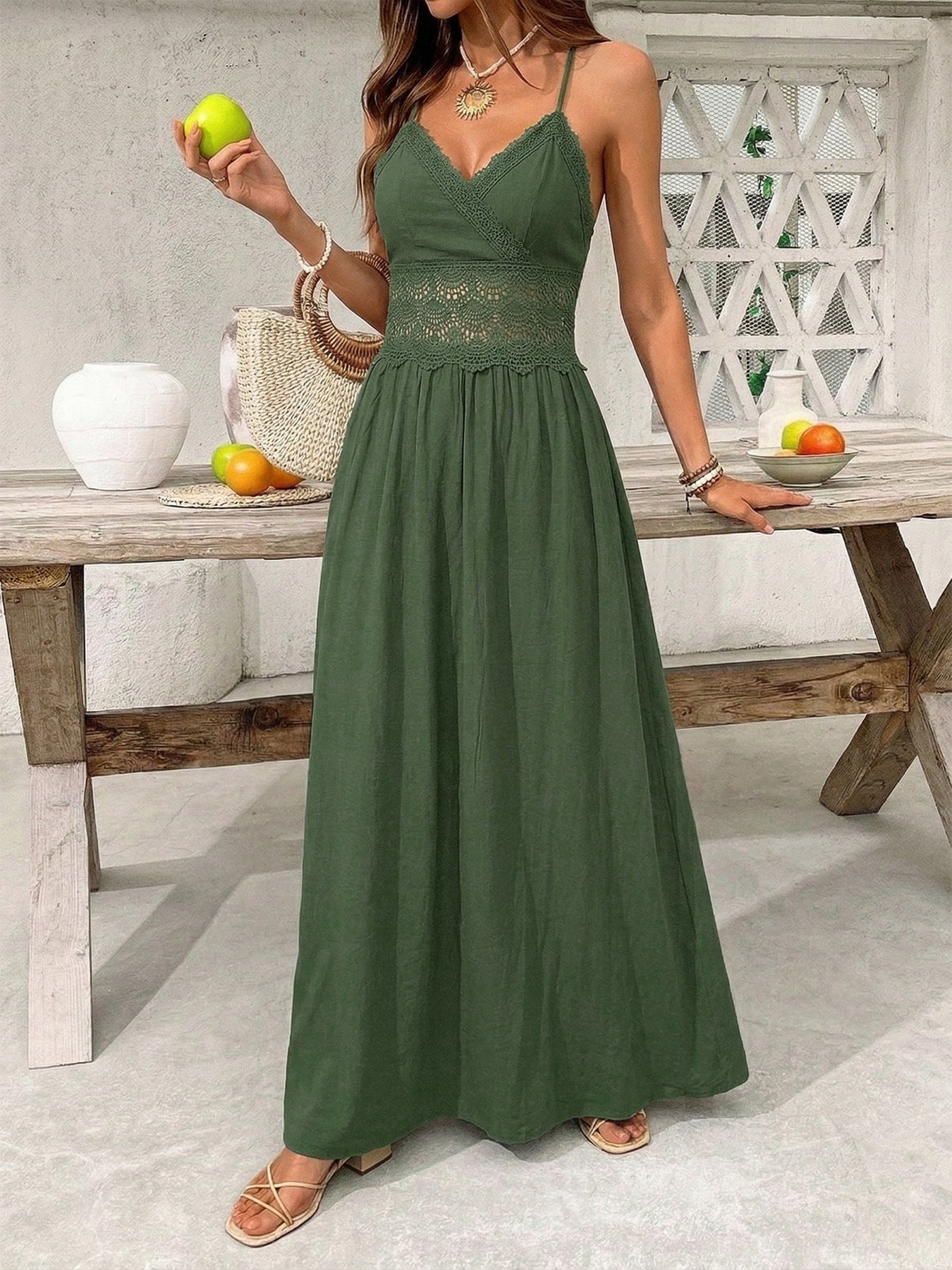Casual Maxi Dress Floral Lace Trim Spaghetti Strap Smocked Waist Ruffle A-Line
