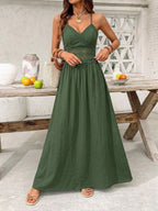 Casual Maxi Dress Floral Lace Trim Spaghetti Strap Smocked Waist Ruffle A-Line
