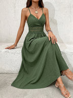 Casual Maxi Dress Floral Lace Trim Spaghetti Strap Smocked Waist Ruffle A-Line