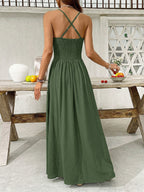 Casual Maxi Dress Floral Lace Trim Spaghetti Strap Smocked Waist Ruffle A-Line