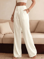 Casual Wide Leg Pants Beige Lace Trim High Waist Loose Trousers with Pockets