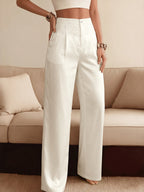 Casual Wide Leg Pants Beige Lace Trim High Waist Loose Trousers with Pockets