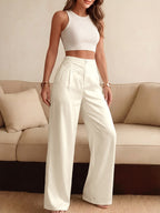 Casual Wide Leg Pants Beige Lace Trim High Waist Loose Trousers with Pockets