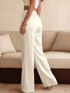 Casual Wide Leg Pants Beige Lace Trim High Waist Loose Trousers with Pockets