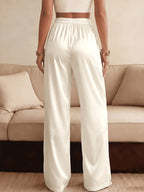 Casual Wide Leg Pants Beige Lace Trim High Waist Loose Trousers with Pockets