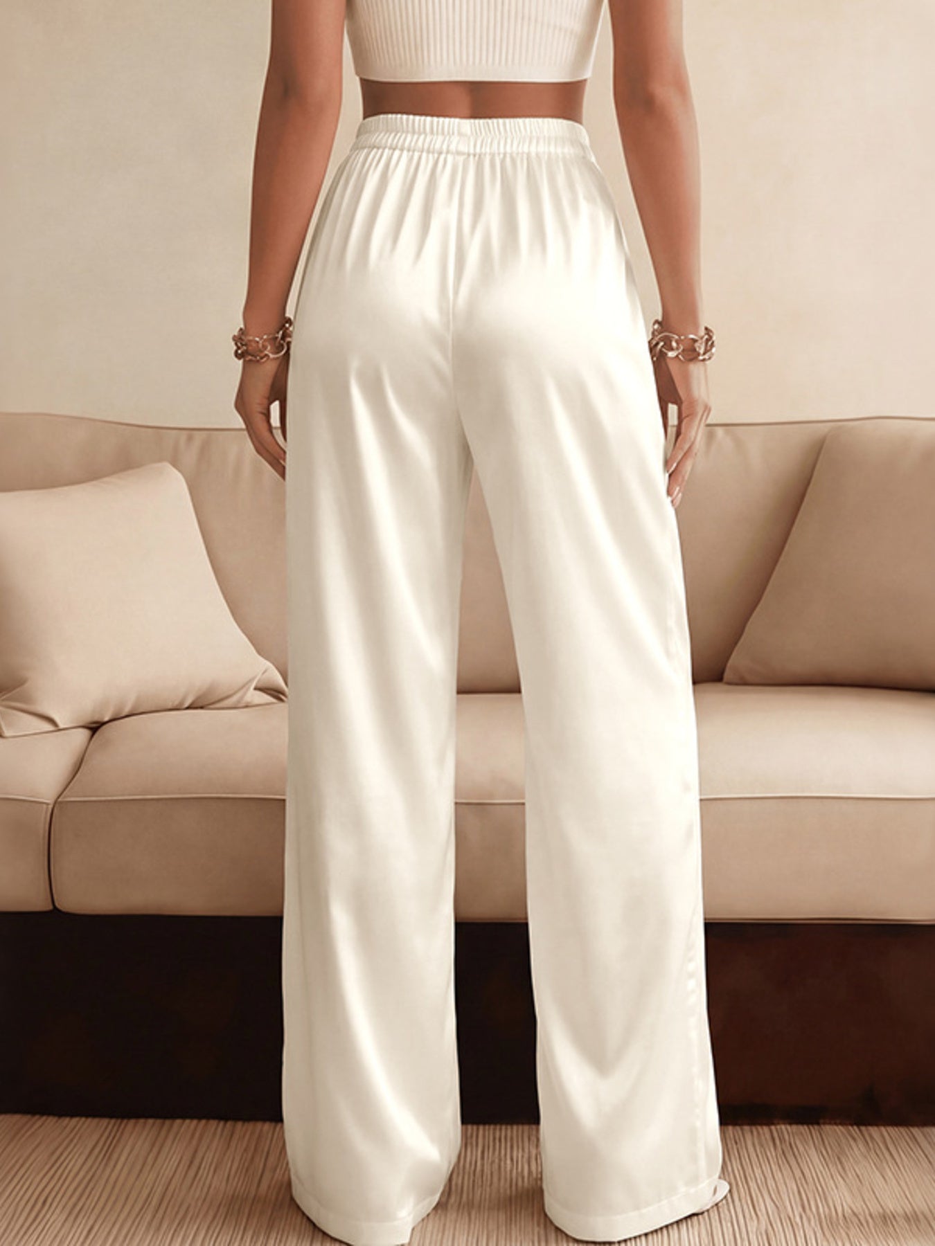 Casual Wide Leg Pants Beige Lace Trim High Waist Loose Trousers with Pockets