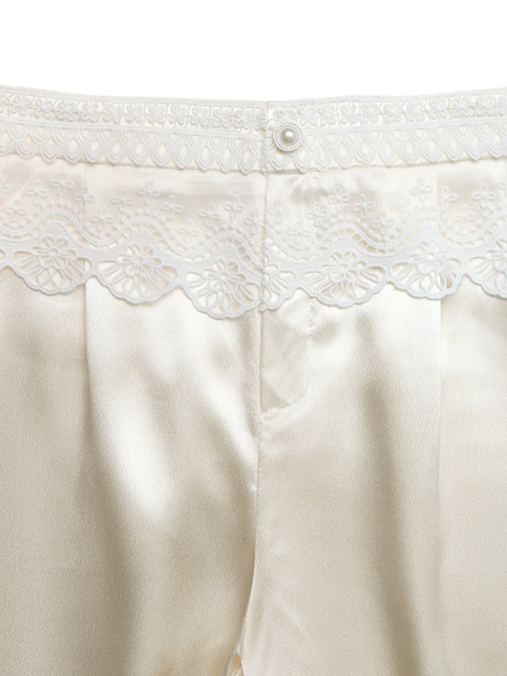 Casual Wide Leg Pants Beige Lace Trim High Waist Loose Trousers with Pockets