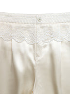 Casual Wide Leg Pants Beige Lace Trim High Waist Loose Trousers with Pockets