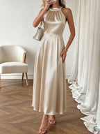 Satin Midi Dress Pearl Halter Neck Pleated Gold Sleeveless Ruffle Party Dress