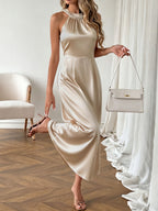 Satin Midi Dress Pearl Halter Neck Pleated Gold Sleeveless Ruffle Party Dress