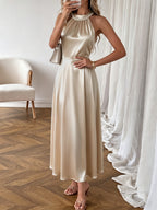 Satin Midi Dress Pearl Halter Neck Pleated Gold Sleeveless Ruffle Party Dress