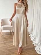 Satin Midi Dress Pearl Halter Neck Pleated Gold Sleeveless Ruffle Party Dress