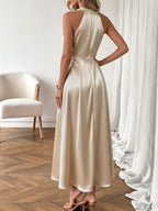 Satin Midi Dress Pearl Halter Neck Pleated Gold Sleeveless Ruffle Party Dress