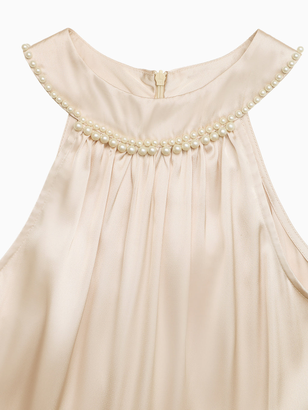 Satin Midi Dress Pearl Halter Neck Pleated Gold Sleeveless Ruffle Party Dress