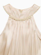 Satin Midi Dress Pearl Halter Neck Pleated Gold Sleeveless Ruffle Party Dress