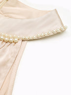 Satin Midi Dress Pearl Halter Neck Pleated Gold Sleeveless Ruffle Party Dress