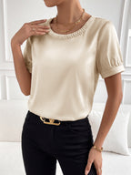 Satin Bodysuit Round Neck Pearl Trim Short Sleeve Fashion Gold Romper