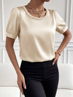 Satin Bodysuit Round Neck Pearl Trim Short Sleeve Fashion Gold Romper