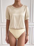 Satin Bodysuit Round Neck Pearl Trim Short Sleeve Fashion Gold Romper