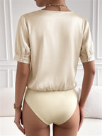 Satin Bodysuit Round Neck Pearl Trim Short Sleeve Fashion Gold Romper