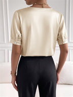 Satin Bodysuit Round Neck Pearl Trim Short Sleeve Fashion Gold Romper